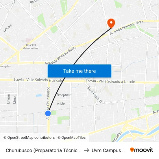 Churubusco (Preparatoria Técnica Álvaro Obregón) to Uvm Campus Monterrey map