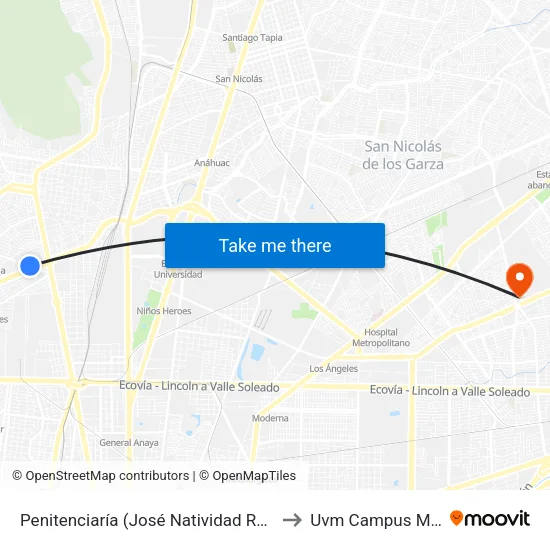 Penitenciaría (José Natividad Reza - B. Fontes) to Uvm Campus Monterrey map