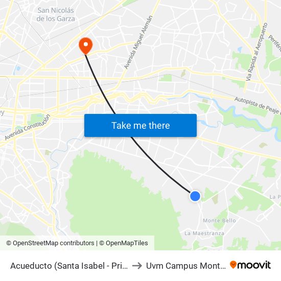 Acueducto (Santa Isabel - Principal) to Uvm Campus Monterrey map