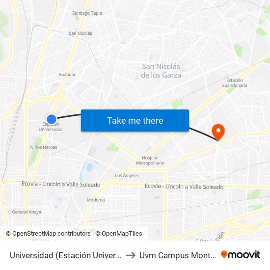 Universidad (Estación Universidad) to Uvm Campus Monterrey map