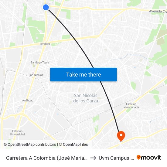 Carretera A Colombia (José María Morelos - Concordia) to Uvm Campus Monterrey map