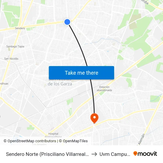 Sendero Norte (Prisciliano Villarreal Dávila - Félix Cantú Lozano) to Uvm Campus Monterrey map