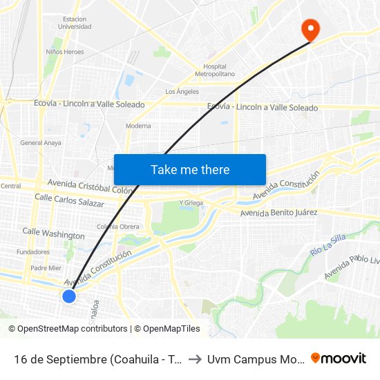 16 de Septiembre (Coahuila - Tamaulipas) to Uvm Campus Monterrey map