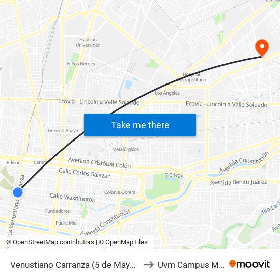 Venustiano Carranza (5 de Mayo - Washington) to Uvm Campus Monterrey map