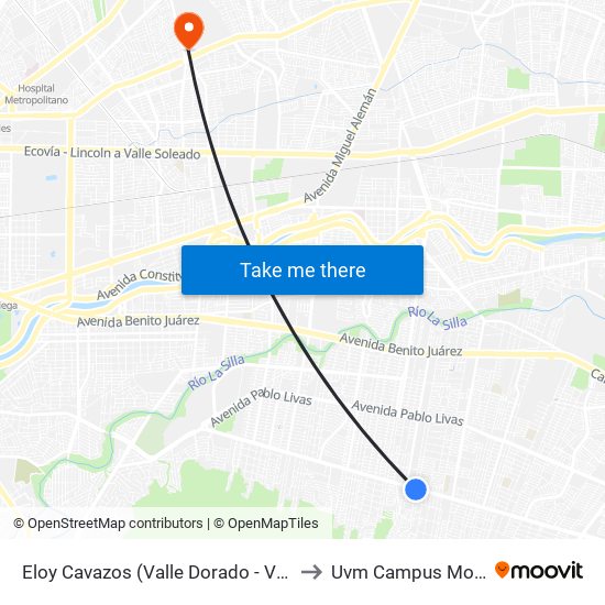 Eloy Cavazos (Valle Dorado - Valle Blanco) to Uvm Campus Monterrey map