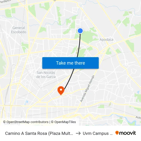 Camino A Santa Rosa (Plaza Multicomercial Apodaca) to Uvm Campus Monterrey map