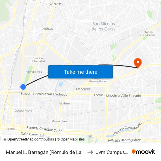 Manuel L. Barragán (Rómulo de La Vega - Martín Carrera) to Uvm Campus Monterrey map