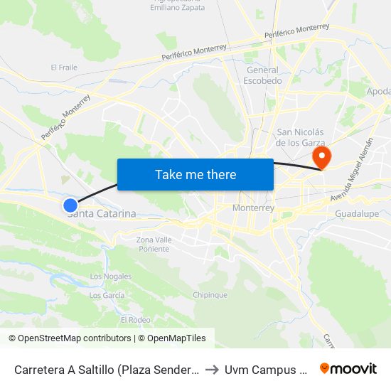 Carretera A Saltillo (Plaza Sendero Santa Catarina) to Uvm Campus Monterrey map