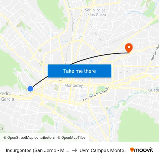 Insurgentes (San Jemo - Mirlos) to Uvm Campus Monterrey map