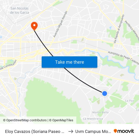 Eloy Cavazos (Soriana Paseo San Roque) to Uvm Campus Monterrey map