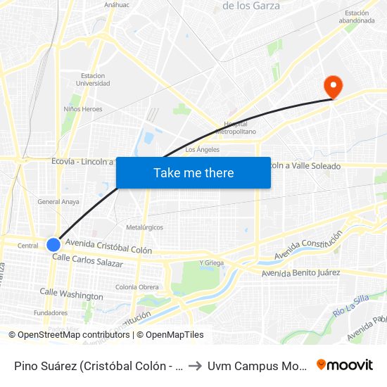 Pino Suárez (Cristóbal Colón - Reforma) to Uvm Campus Monterrey map