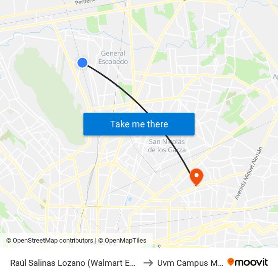 Raúl Salinas Lozano (Walmart Escobedo Norte) to Uvm Campus Monterrey map