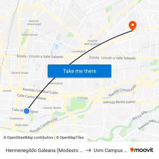 Hermenegildo Galeana (Modesto Arreola - Washington) to Uvm Campus Monterrey map