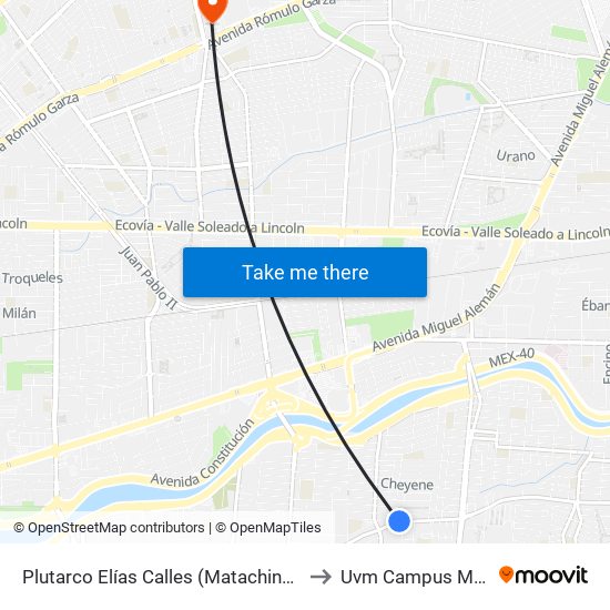 Plutarco Elías Calles (Matachines - Totonaca) to Uvm Campus Monterrey map