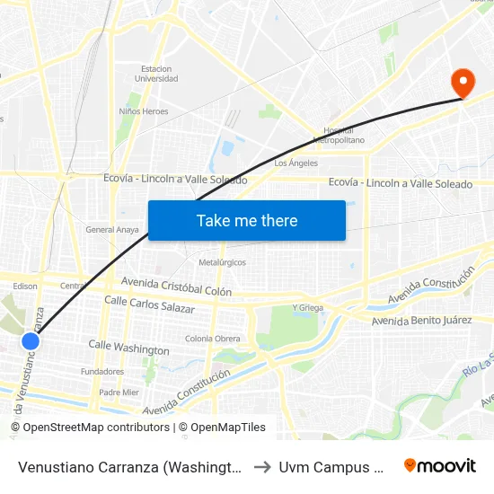 Venustiano Carranza (Washington - 5 de Mayo) to Uvm Campus Monterrey map