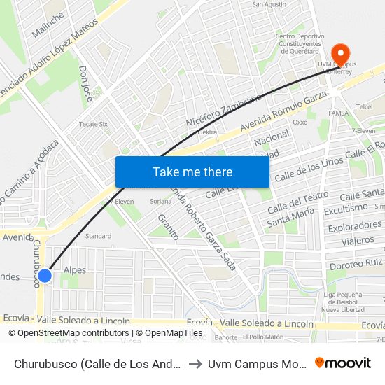 Churubusco (Calle de Los Andes - Alpes) to Uvm Campus Monterrey map