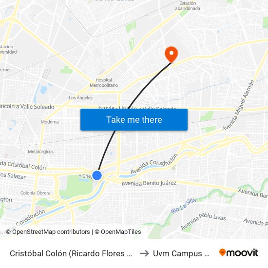 Cristóbal Colón (Ricardo Flores Magón - Modelo) to Uvm Campus Monterrey map