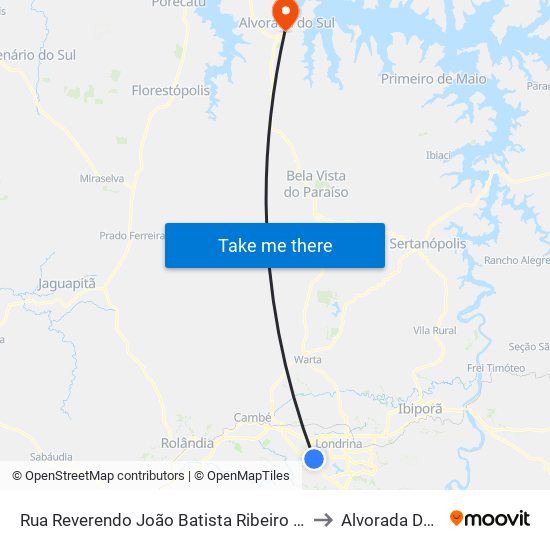 Rua Reverendo João Batista Ribeiro Neto, 76 to Alvorada Do Sul map