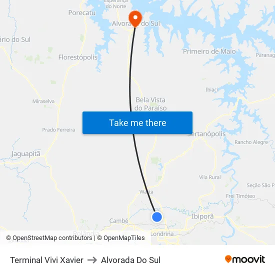 Terminal Vivi Xavier to Alvorada Do Sul map