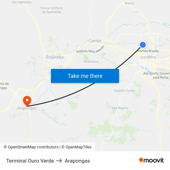 Terminal Ouro Verde to Arapongas map