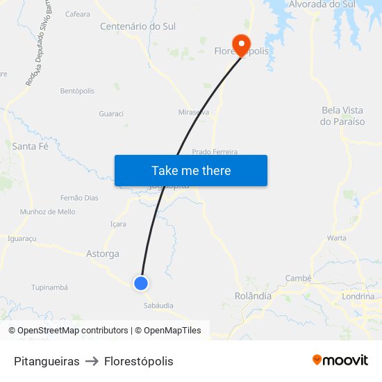 Pitangueiras to Florestópolis map