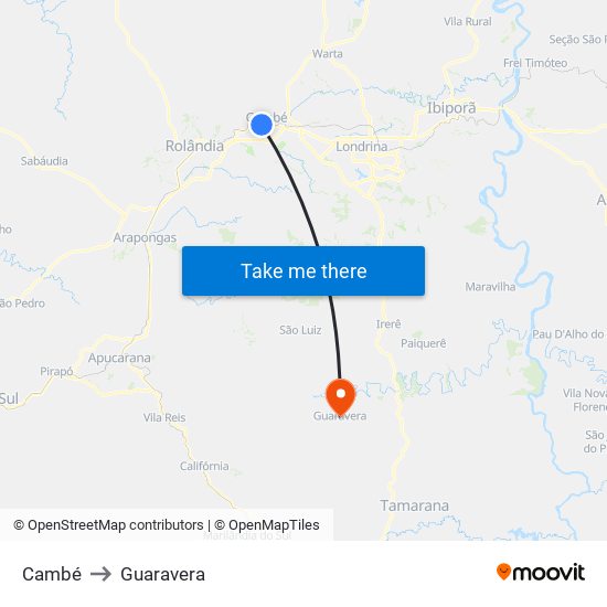 Cambé to Guaravera map