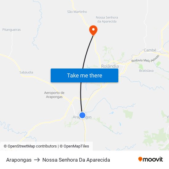 Arapongas to Nossa Senhora Da Aparecida map