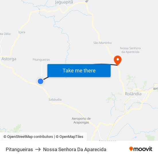 Pitangueiras to Nossa Senhora Da Aparecida map