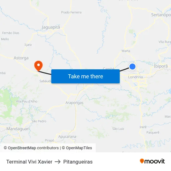 Terminal Vivi Xavier to Pitangueiras map