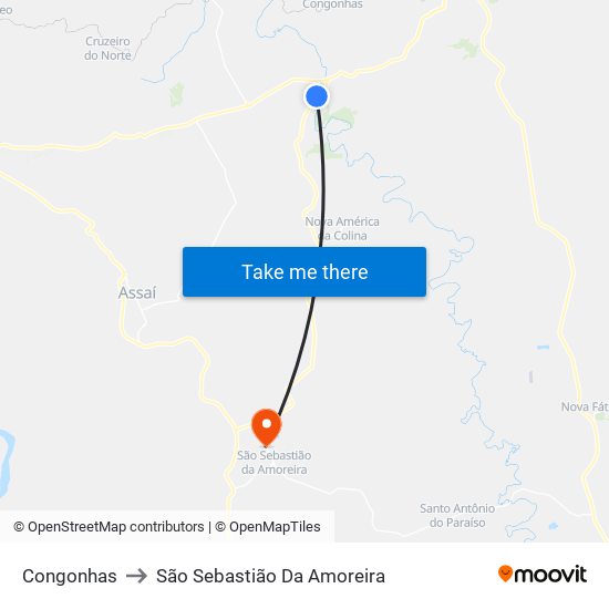 Congonhas to São Sebastião Da Amoreira map