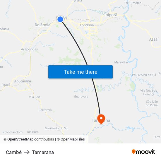 Cambé to Tamarana map