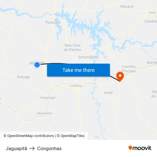 Jaguapitã to Congonhas map