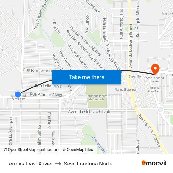 Terminal Vivi Xavier to Sesc Londrina Norte map