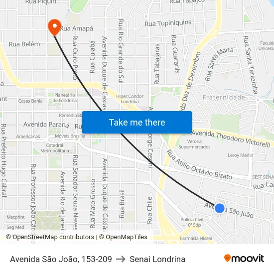Avenida São João, 153-209 to Senai Londrina map