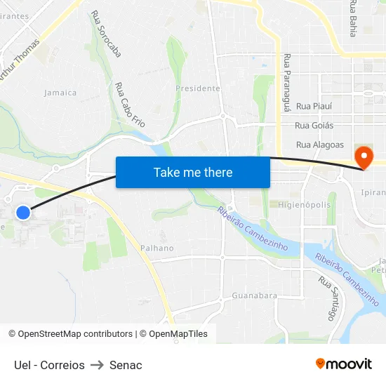 Uel - Correios to Senac map