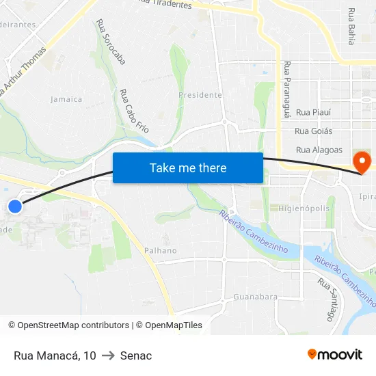 Rua Manacá, 10 to Senac map