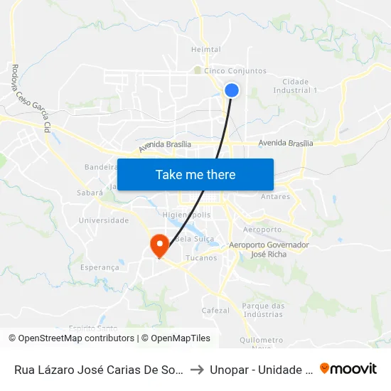 Rua Lázaro José Carias De Souza, 1210 to Unopar - Unidade Catuaí map