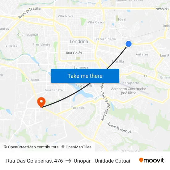 Rua Das Goiabeiras, 476 to Unopar - Unidade Catuaí map