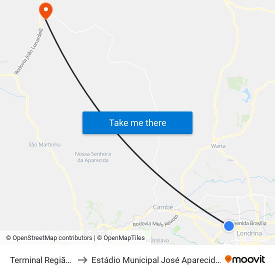 Terminal  Região Oeste to Estádio Municipal José Aparecido De Moraes map