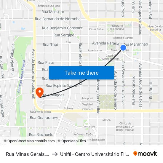 Rua Minas Gerais, 646 to Unifil - Centro Universitário Filadélfia map