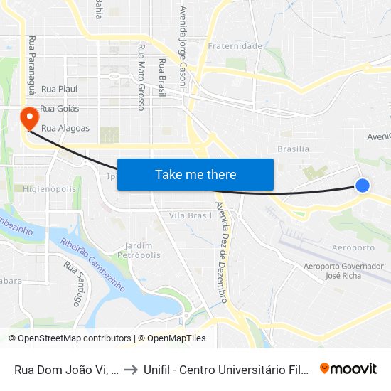 Rua Dom João Vi, 500 to Unifil - Centro Universitário Filadélfia map