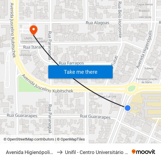 Avenida Higienópolis, 1225 to Unifil - Centro Universitário Filadélfia map