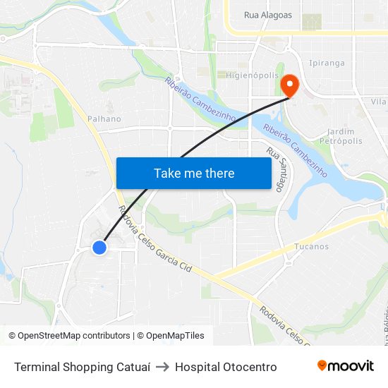 Terminal Shopping Catuaí to Hospital Otocentro map
