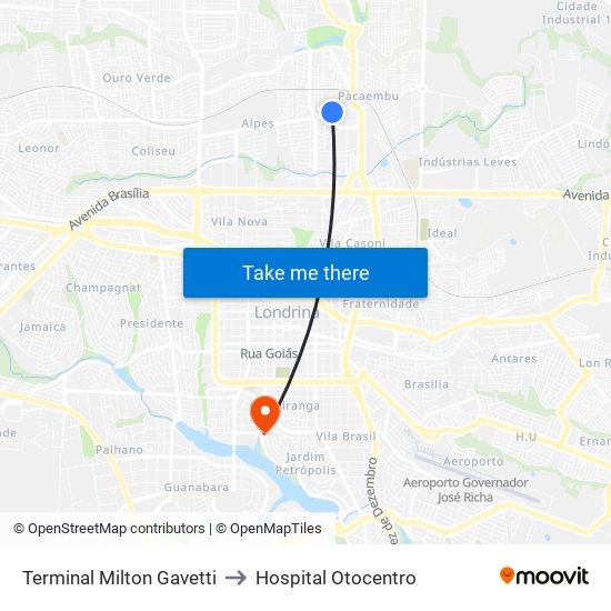 Terminal Milton Gavetti to Hospital Otocentro map