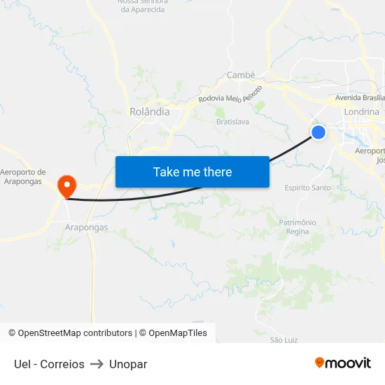 Uel - Correios to Unopar map