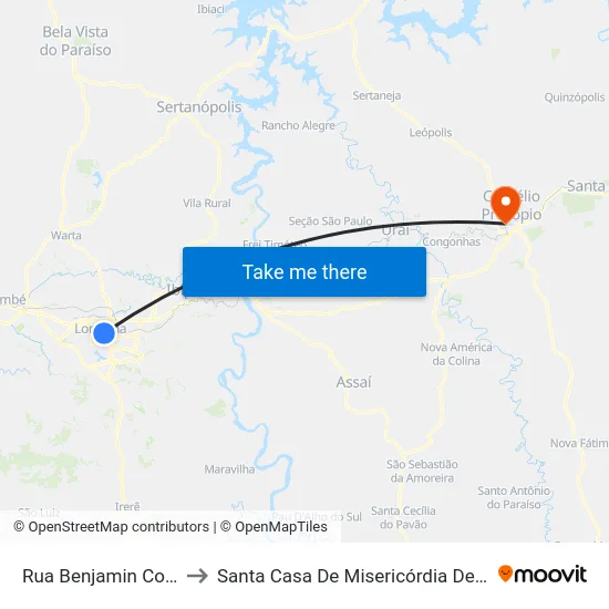 Rua Benjamin Constant, 430 to Santa Casa De Misericórdia De Cornélio Procópio map