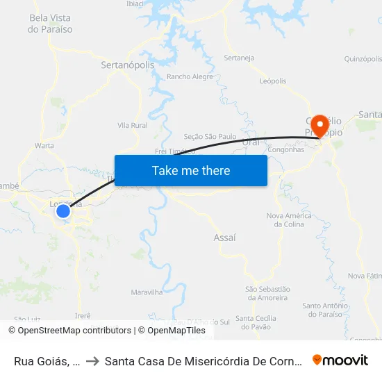 Rua Goiás, 1427 to Santa Casa De Misericórdia De Cornélio Procópio map