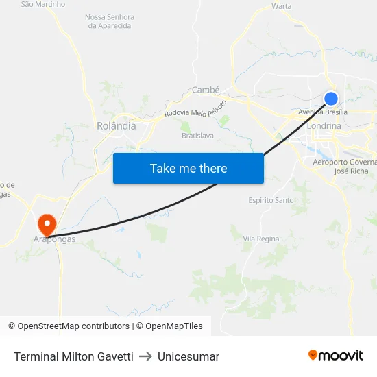 Terminal Milton Gavetti to Unicesumar map