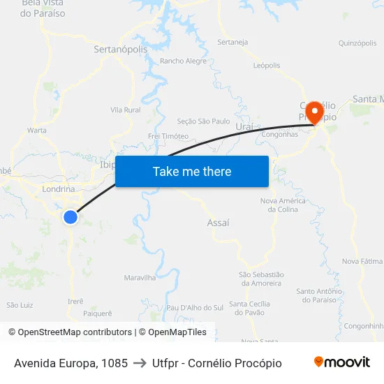 Avenida Europa, 1085 to Utfpr - Cornélio Procópio map