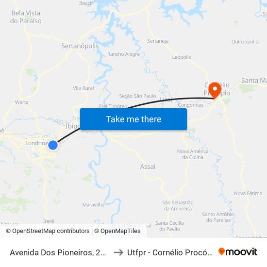 Avenida Dos Pioneiros, 2735 to Utfpr - Cornélio Procópio map